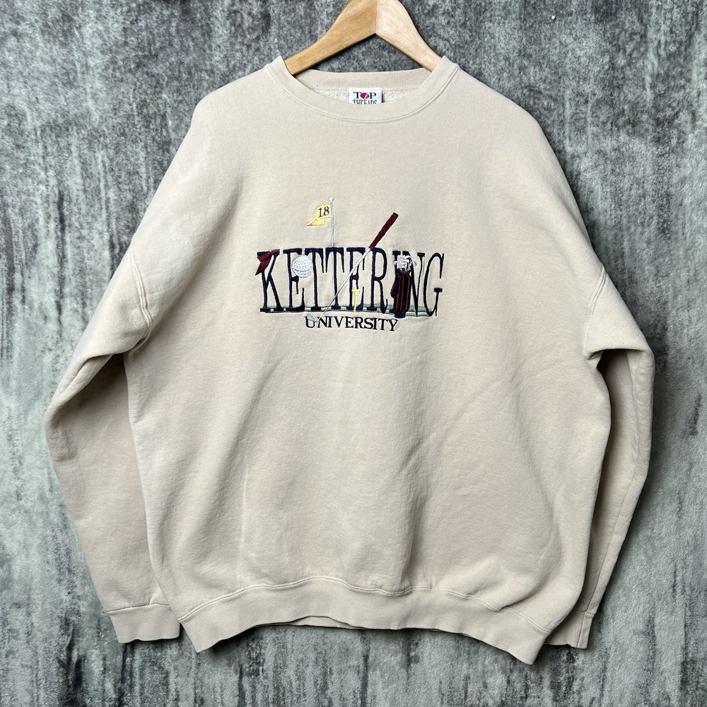Vintage 90s Mens XL Beige Crewneck Sweatshirt Kettering University Embroidered